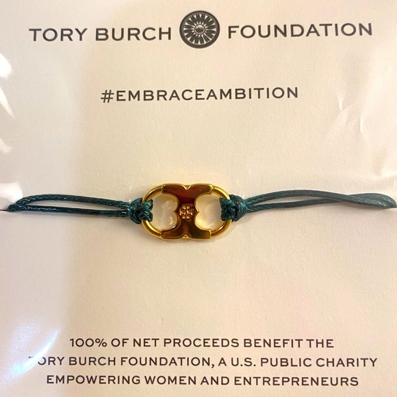 TORY BURCH “Embrace Ambition” Gold-Tone & Green Tie-Rope Bracelet, NIP - Picture 2 of 6
